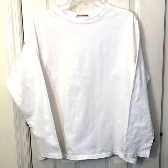 Junmanner White Long Sleeve Intentional Frayed Edges, Pit to Pit 22 1/4" - Picture 1 of 9